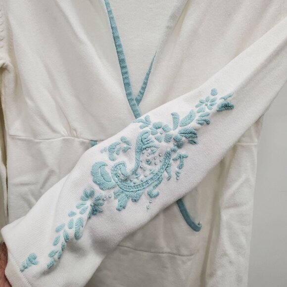 Athleta Women's White Aqua Boho Embroidered Hooded Long Sleeve‎ Surplus Tunic M - Picture 3 of 7